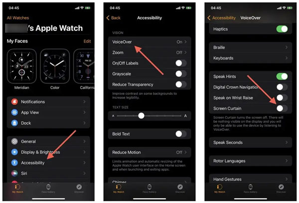 Disable Apple Watch Screen Curtain Voiceover
