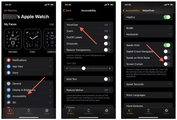 Deaktivujte hlasový záznam obrazovky Apple Watch Screen Curtain