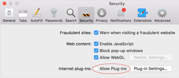 Disable internet plugins