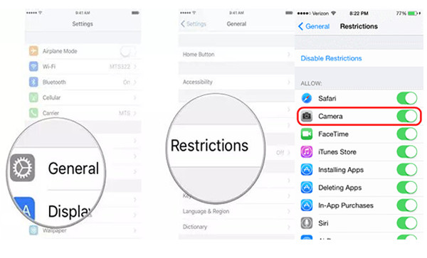 Désactiver les restrictions pour utiliser l'application appareil photo