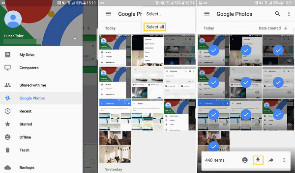 download all photos from google photos to device