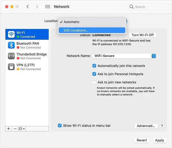 Modifier l'emplacement réseau Mac