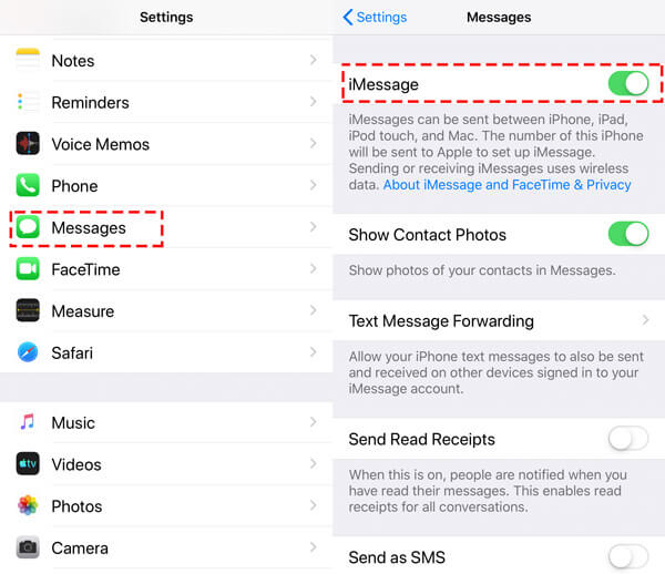 Enable disable iMessages iPhone