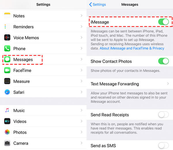 İMessages iPhone'u devre dışı bırakmayı etkinleştir