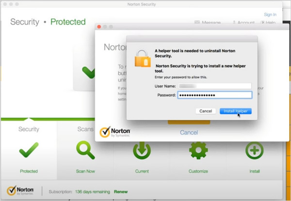 Digite a senha do nome de usuário para desinstalar o Norton