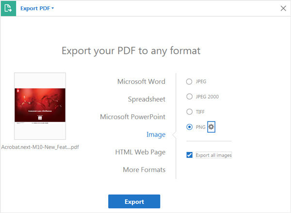 Exportálja a PDf fájlt PNG Adobe Acrobat programba