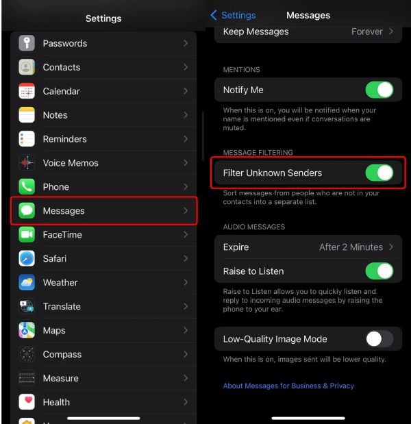 Filtra i messaggi sconosciuti su iPhone