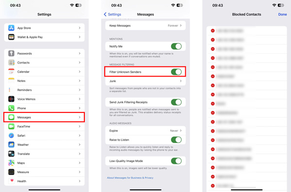 Filtrer les messages iPhone des expéditeurs inconnus