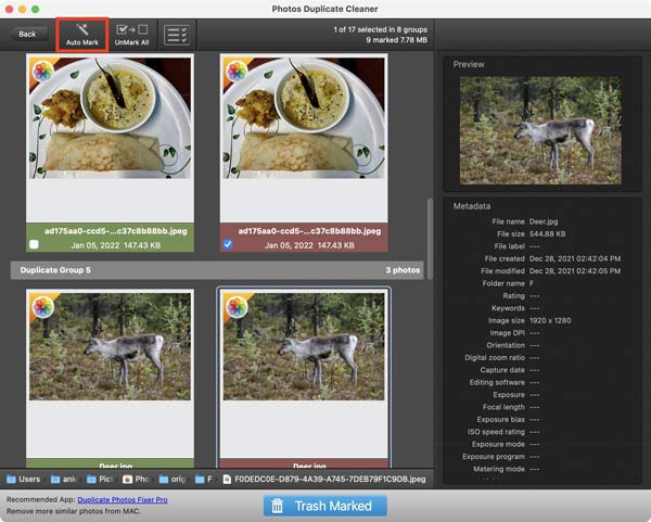 Keresse meg a Kijelölés és a Kukába a Duplicate Photos lehetőséget Macen