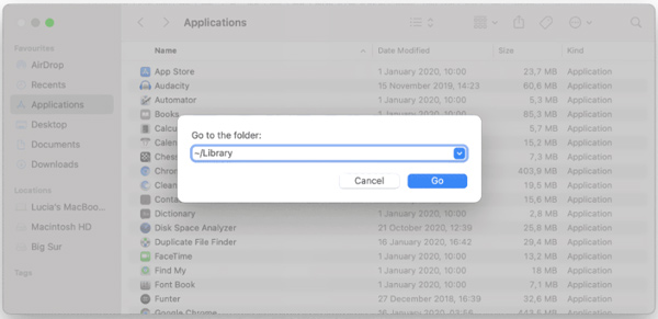 Gå til biblioteksmappe Mac