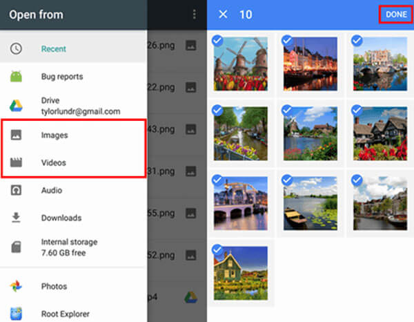 google drive android sélectionnez des photos