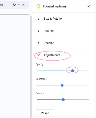 Настройка непрозрачности параметров формата Google Slides