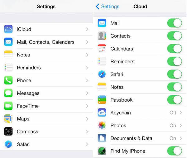 iCloud Switch kalendáře zapnuto