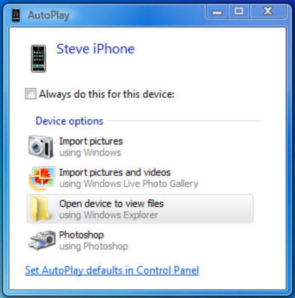 Importálja az iPhone-képeket a pc Autoplay-re
