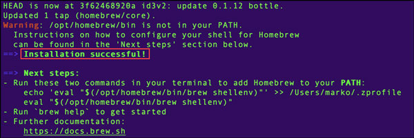 Installer Homebrew på Mac Vellykket