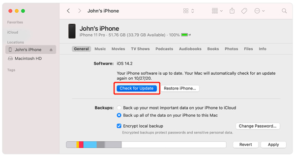 Verifique se há atualização do iPhone usando o Finder