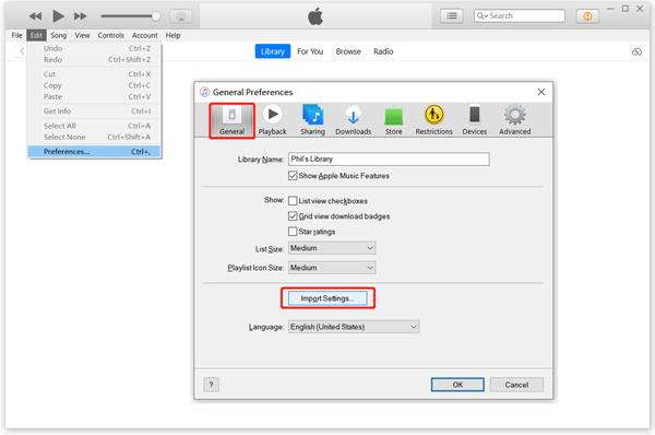 Itunes Præferencer Importindstillinger