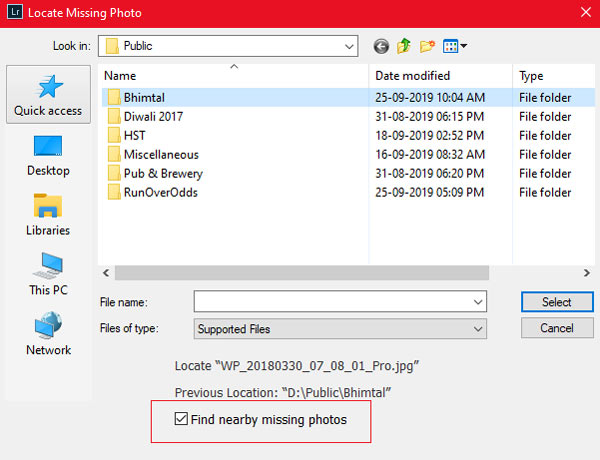 A Lightroom nem találja a közelben hiányzó fényképeket