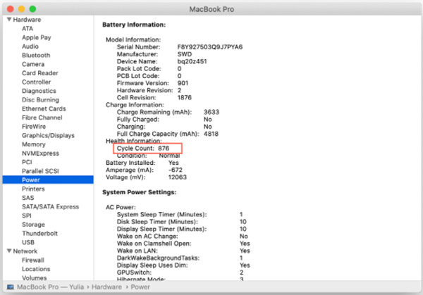 Recuento de ciclos de batería de Mac Power