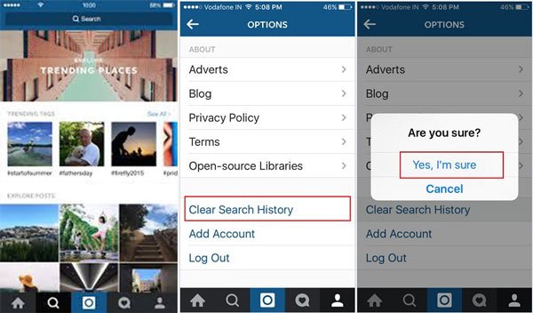 clear Instagram search history in Settings