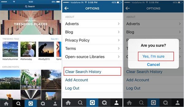 Rensa Instagrams sökhistorik i Inställningar