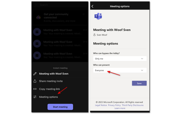 Meeting Options Teams Mobile