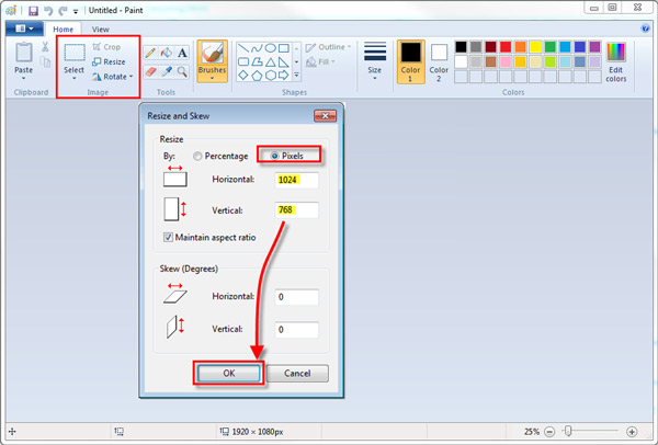 Microsoft Paint optimaliserer bilder for web