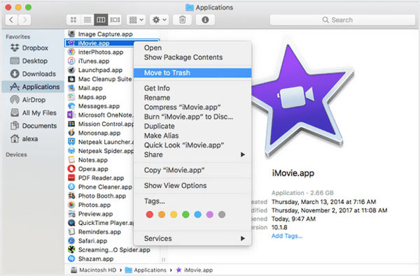 Flytta iMovie-appen till papperskorgen på Mac