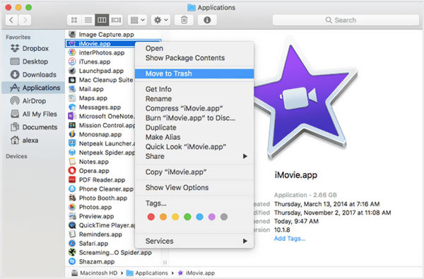 Mover la aplicación iMovie a la Papelera en Mac