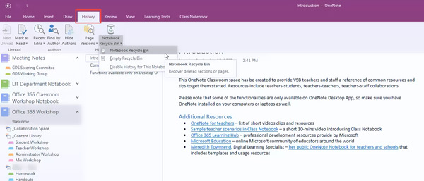 Onenote history tab