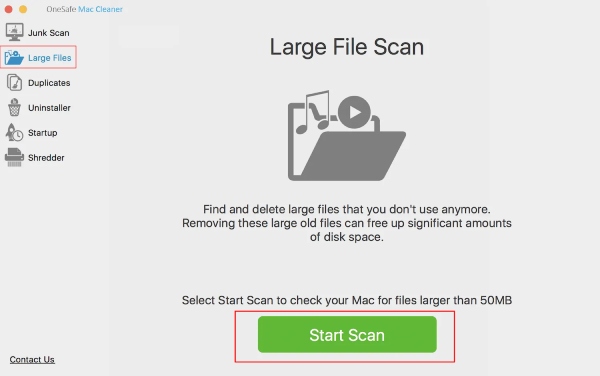 OneSafe Mac Cleaner nagy fájlok vizsgálata