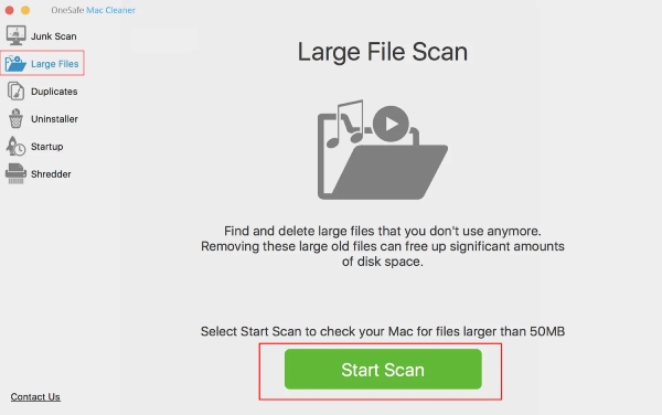 OneSafe Mac Cleaner Scannen großer Dateien