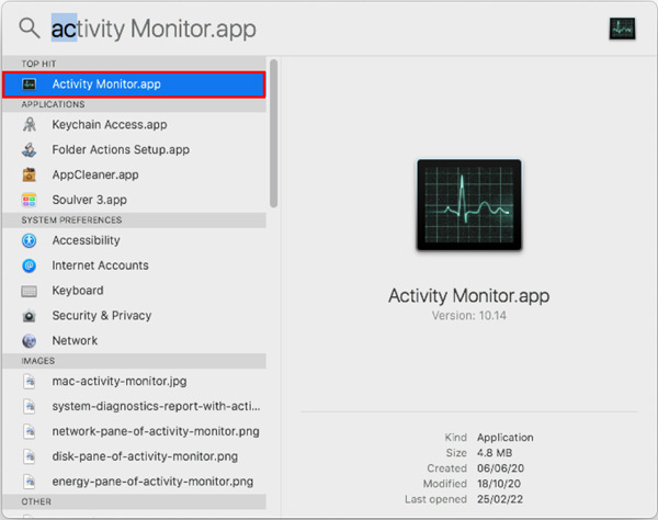 Откройте Activity Monitor на Mac с помощью Spotlight