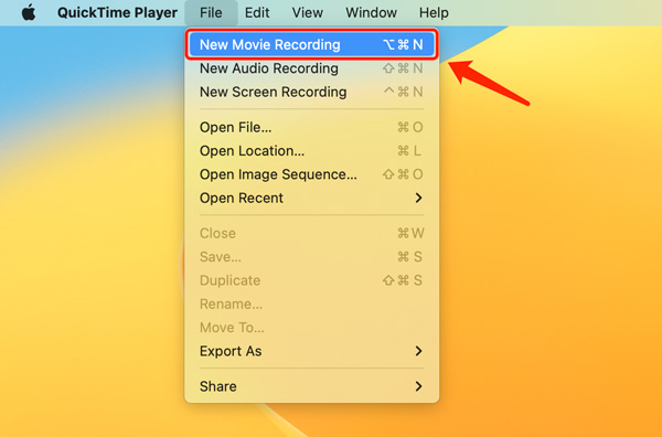 A Quicktime megnyitása Válassza az Új filmfelvétel lehetőséget