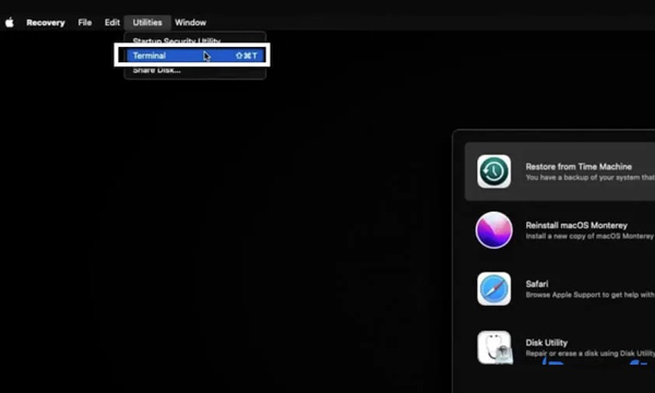 Nyissa meg a terminált a macOS Recovery alkalmazásban