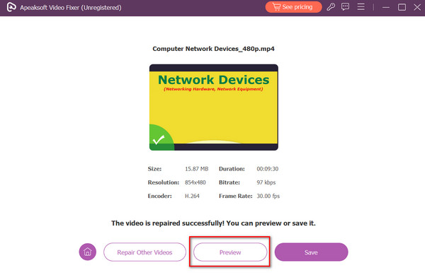 Aperçu Enregistrer la vidéo réparée