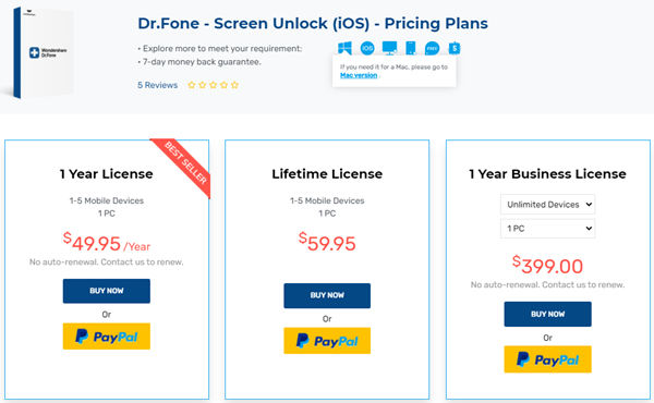 Pricing of Dr Fone SCreen Unlock