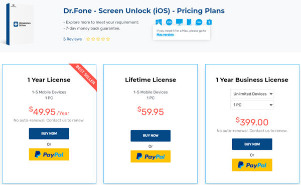 Dr Fone SCreenUnlockの価格