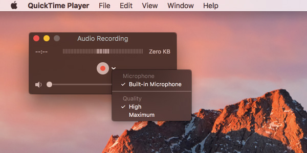 Interface d'enregistrement audio Quicktime