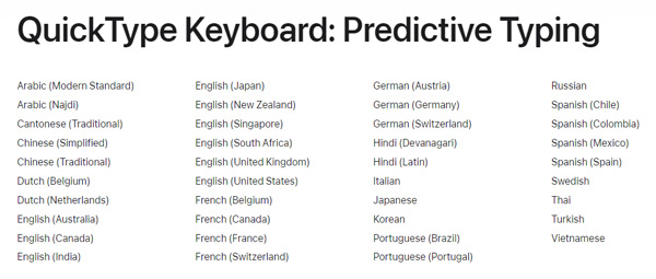 Quicktype Keyboard Predictive Langues prises en charge