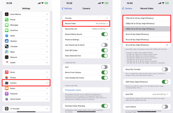 Réduire la taille de la vidéo Paramètres de caméra personnalisés pour iPhone