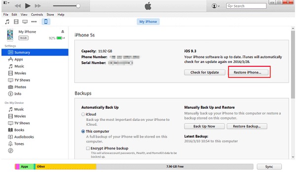 Reset iPhone s iTunes