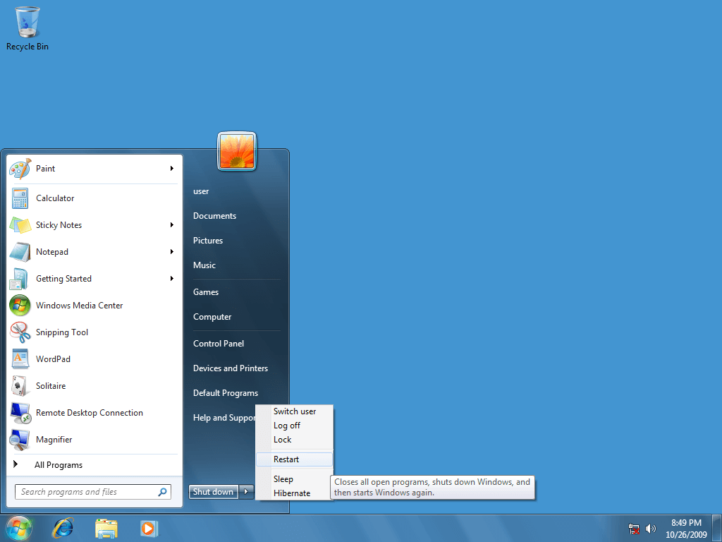 перезапустите Windows 7