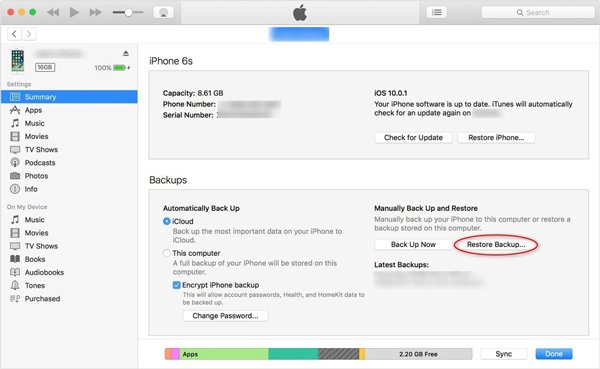 Herstel apps vanuit iTunes Backup