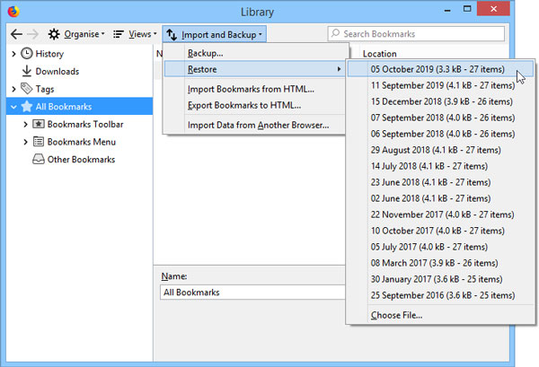 Restore bookmarks from backup
