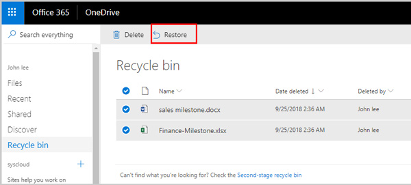 Restore deleted one drive files from recycle bin