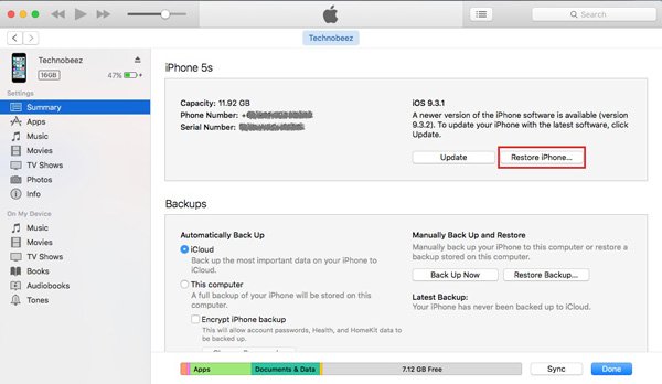 Восстановите iPhone с помощью iTunes