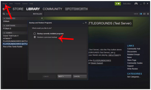 Przywróć pliki gier Steam z Bakcup