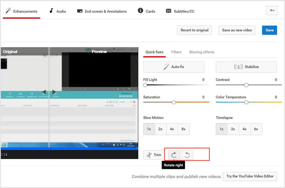 Girar video con YouTube Video Editor