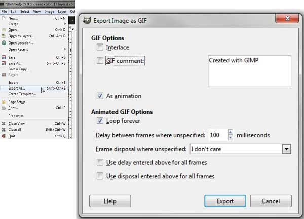 Сохранить GIF GIMP